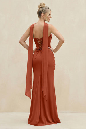 Cowl Neck Sheath Chiffon Bridesmaid Dress with Ribbon in Spice - SHE IS ME Bridesmaid Dresses