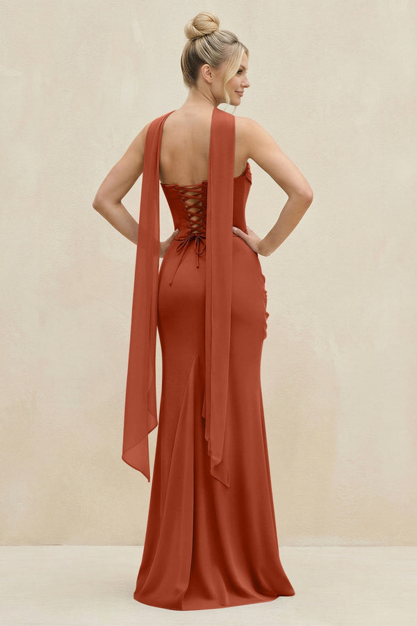 Cowl Neck Sheath Chiffon Bridesmaid Dress with Ribbon in Spice - SHE IS ME Bridesmaid Dresses