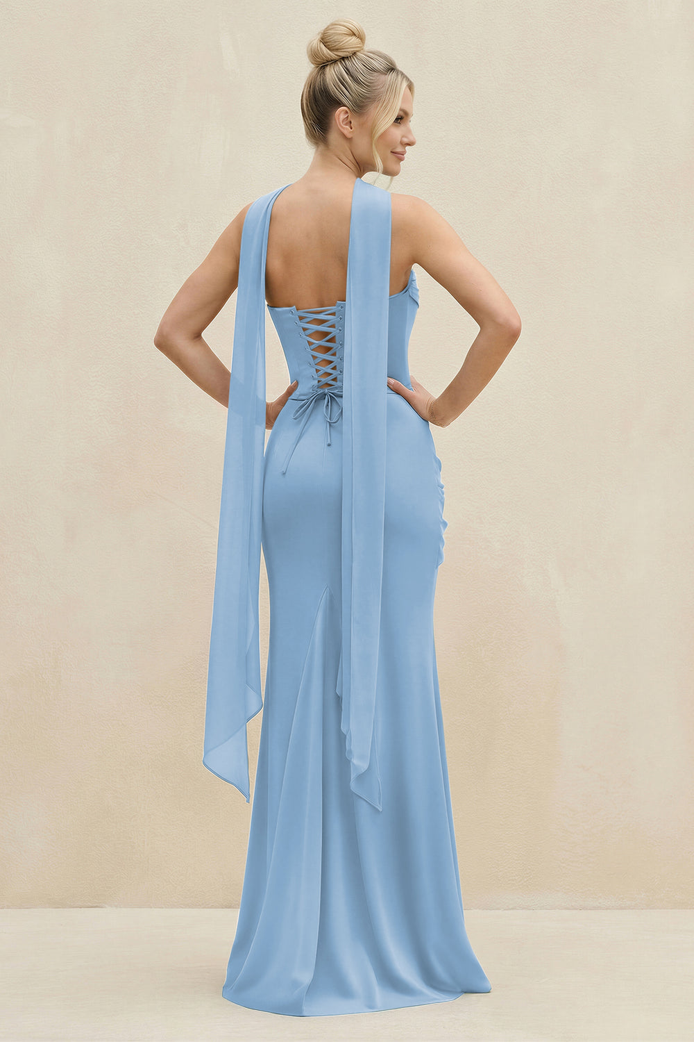 Cowl Neck Sheath Chiffon Bridesmaid Dress with Ribbon in Steel Blue