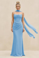 Cowl Neck Sheath Chiffon Bridesmaid Dress with Ribbon in Steel Blue - SHE IS ME Bridesmaid Dresses