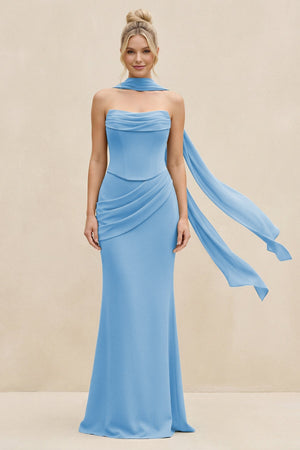 Cowl Neck Sheath Chiffon Bridesmaid Dress with Ribbon in Steel Blue - SHE IS ME Bridesmaid Dresses