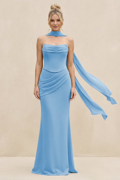 Cowl Neck Sheath Chiffon Bridesmaid Dress with Ribbon in Steel Blue - SHE IS ME Bridesmaid Dresses