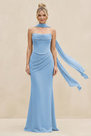 Cowl Neck Sheath Chiffon Bridesmaid Dress with Ribbon in Steel Blue | KISSBRIDAL