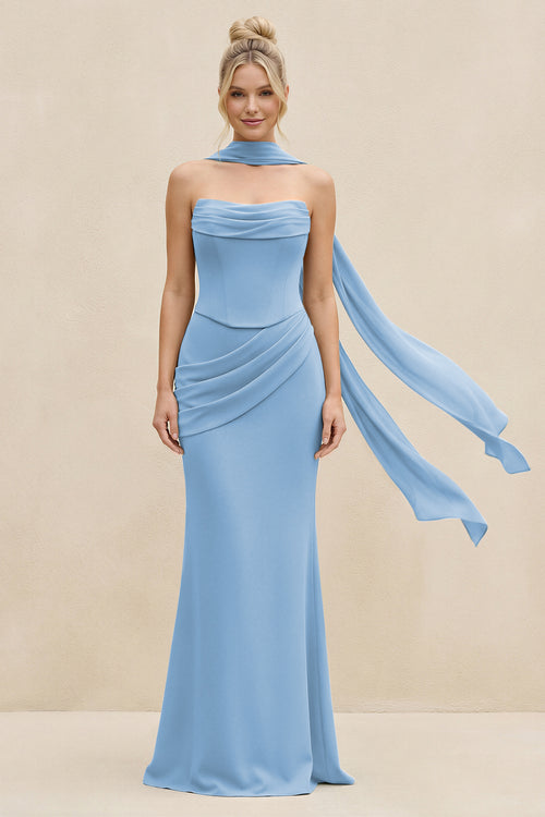 Cowl Neck Sheath Chiffon Bridesmaid Dress with Ribbon in Steel Blue | KISSBRIDAL