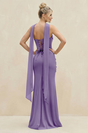 Cowl Neck Sheath Chiffon Bridesmaid Dress with Ribbon in Tahiti (2) | KISSBRIDAL