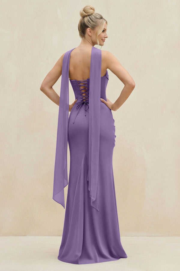 Cowl Neck Sheath Chiffon Bridesmaid Dress with Ribbon in Tahiti - SHE IS ME Bridesmaid Dresses
