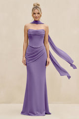 Cowl Neck Sheath Chiffon Bridesmaid Dress with Ribbon in Tahiti | KISSBRIDAL