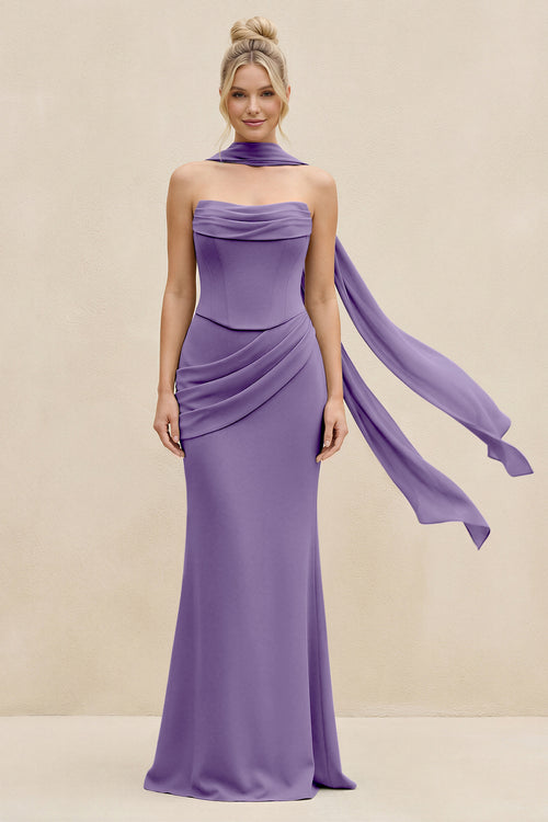 Cowl Neck Sheath Chiffon Bridesmaid Dress with Ribbon in Tahiti | KISSBRIDAL
