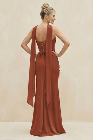 Cowl Neck Sheath Chiffon Bridesmaid Dress with Ribbon in Terracotta (2) | KISSBRIDAL