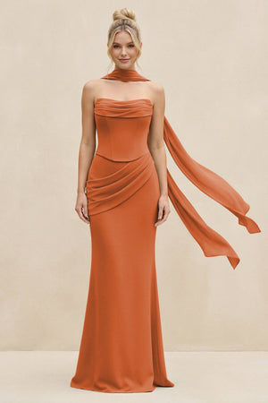 Cowl Neck Sheath Chiffon Bridesmaid Dress with Ribbon in Terracotta - SHE IS ME Bridesmaid Dresses