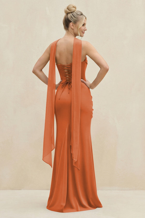 Cowl Neck Sheath Chiffon Bridesmaid Dress with Ribbon in Terracotta - SHE IS ME Bridesmaid Dresses