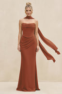 Cowl Neck Sheath Chiffon Bridesmaid Dress with Ribbon in Terracotta | KISSBRIDAL