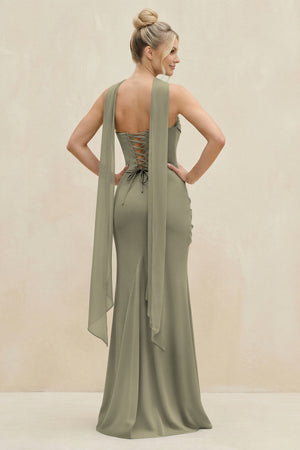 Cowl Neck Sheath Chiffon Bridesmaid Dress with Ribbon in Thyme (2) | KISSBRIDAL