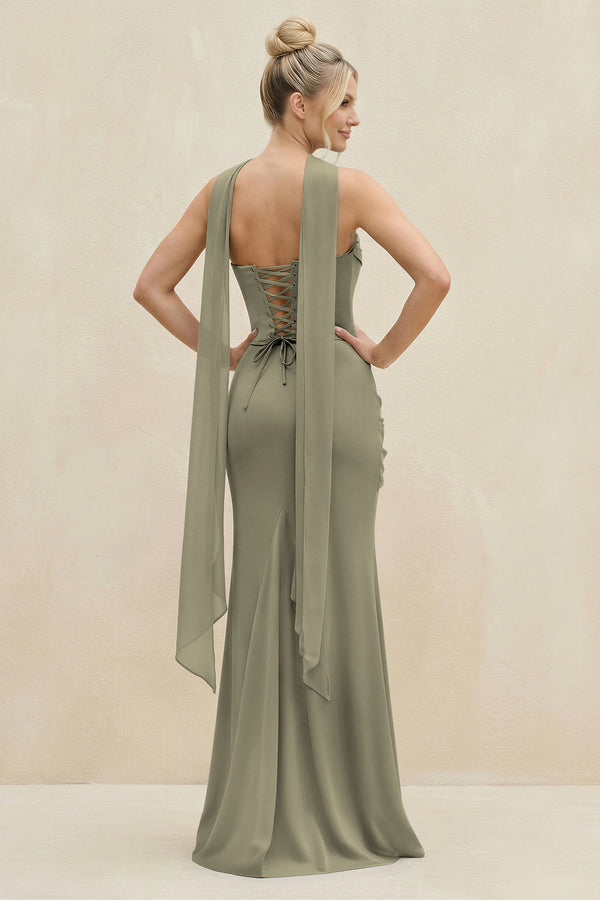 Cowl Neck Sheath Chiffon Bridesmaid Dress with Ribbon in Thyme (2) | KISSBRIDAL