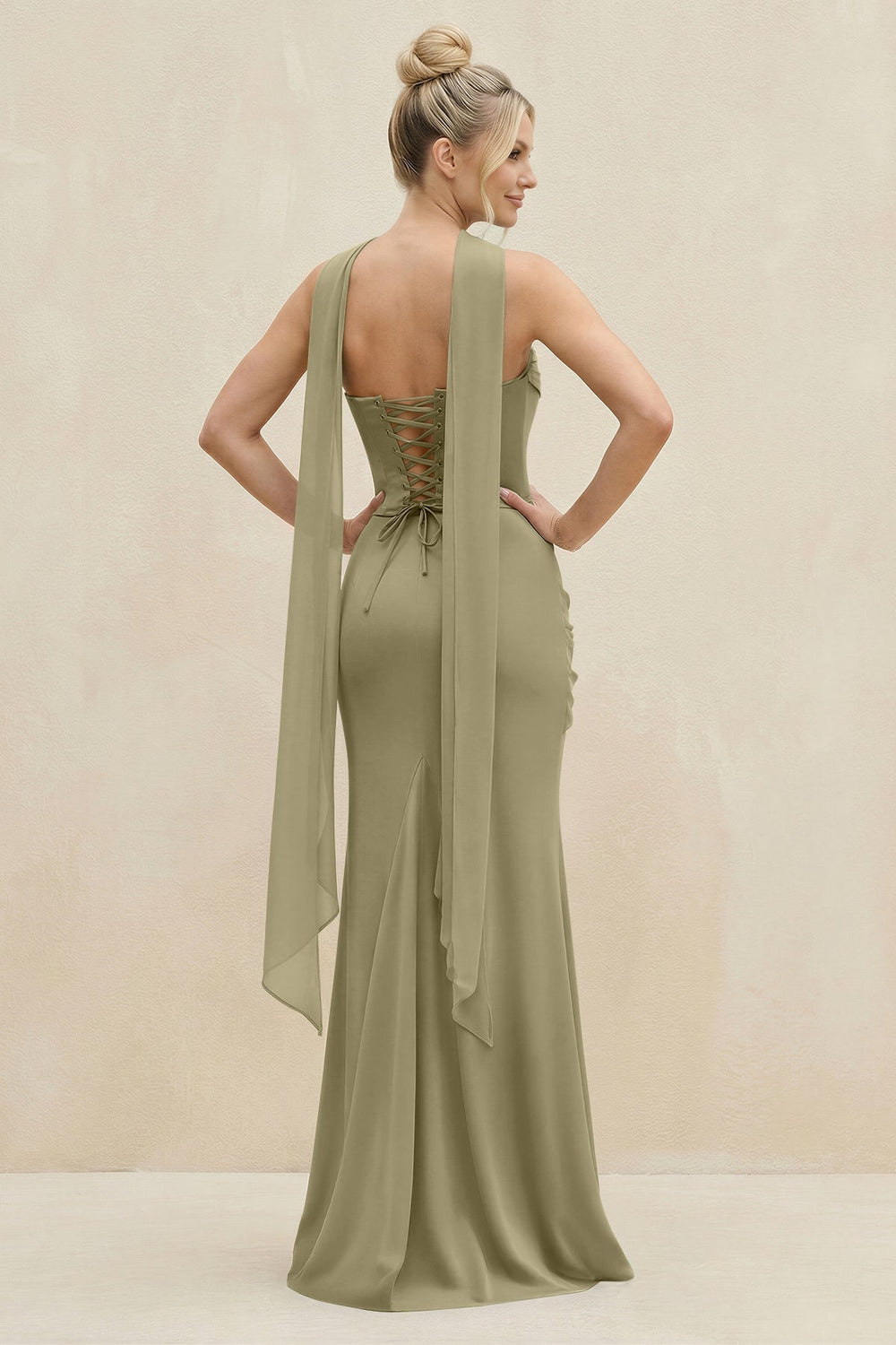Cowl Neck Sheath Chiffon Bridesmaid Dress with Ribbon in Thyme - KISS BRIDAL Bridesmaid Dresses
