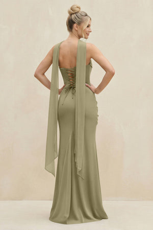 Cowl Neck Sheath Chiffon Bridesmaid Dress with Ribbon in Thyme - SHE IS ME Bridesmaid Dresses