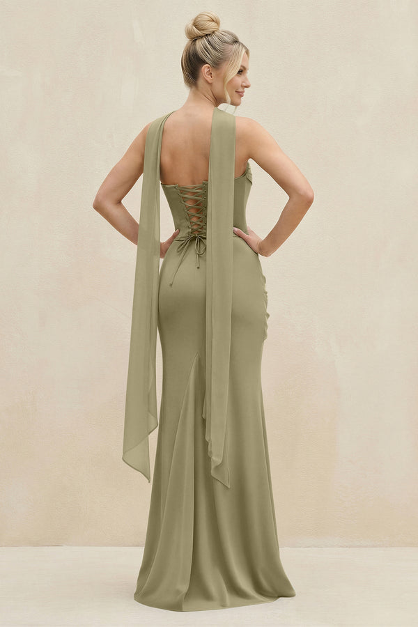 Cowl Neck Sheath Chiffon Bridesmaid Dress with Ribbon in Thyme - SHE IS ME Bridesmaid Dresses