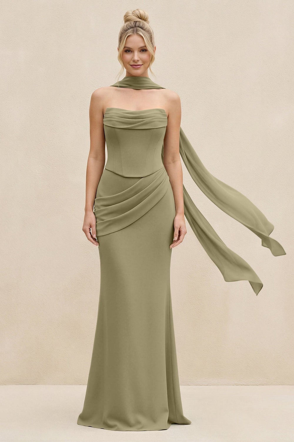 Cowl Neck Sheath Chiffon Bridesmaid Dress with Ribbon in Thyme - KISS BRIDAL Bridesmaid Dresses