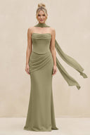 Cowl Neck Sheath Chiffon Bridesmaid Dress with Ribbon in Thyme - SHE IS ME Bridesmaid Dresses