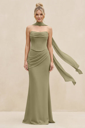 Cowl Neck Sheath Chiffon Bridesmaid Dress with Ribbon in Thyme - SHE IS ME Bridesmaid Dresses