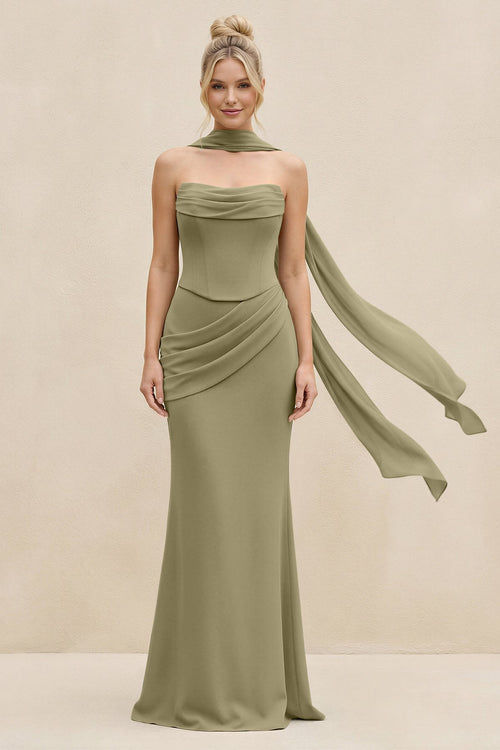Cowl Neck Sheath Chiffon Bridesmaid Dress with Ribbon in Thyme - SHE IS ME Bridesmaid Dresses