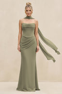 Cowl Neck Sheath Chiffon Bridesmaid Dress with Ribbon in Thyme | KISSBRIDAL