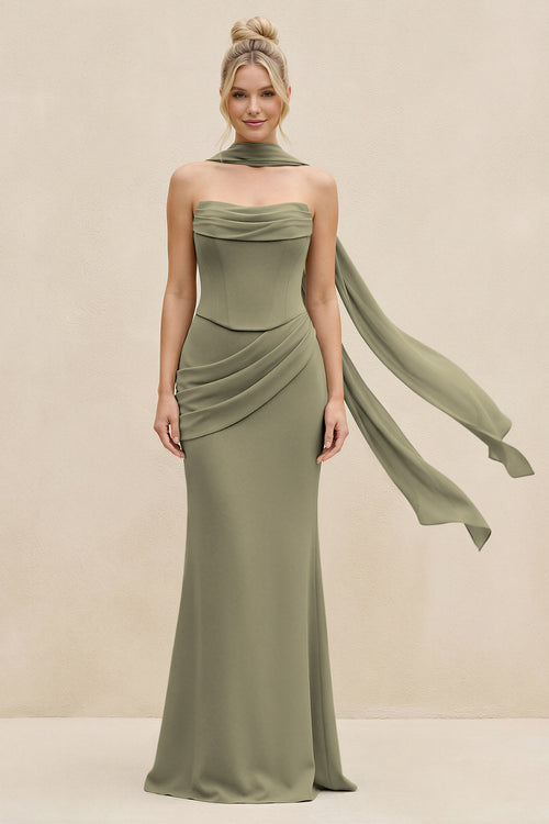 Cowl Neck Sheath Chiffon Bridesmaid Dress with Ribbon in Thyme | KISSBRIDAL