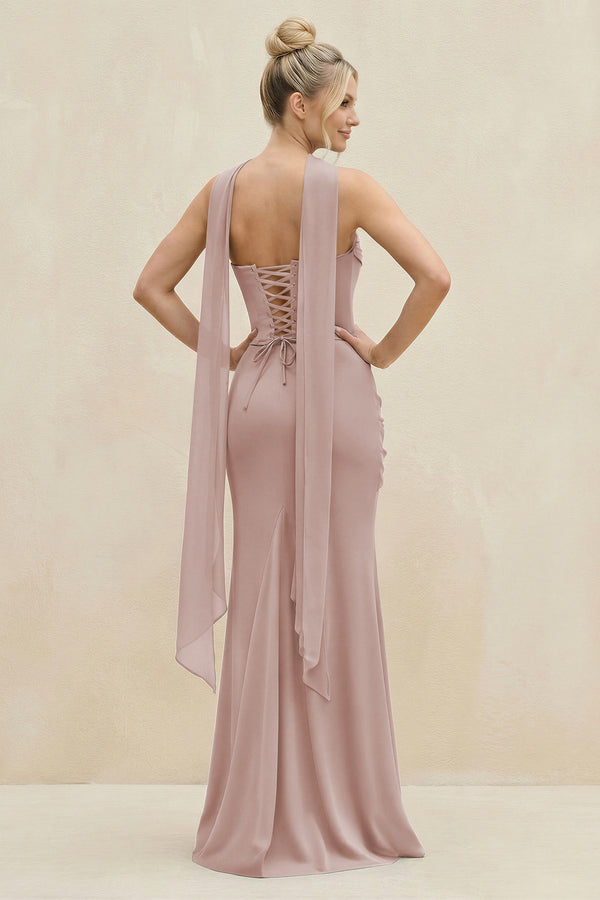 Cowl Neck Sheath Chiffon Bridesmaid Dress with Ribbon in Toffee (2) | KISSBRIDAL