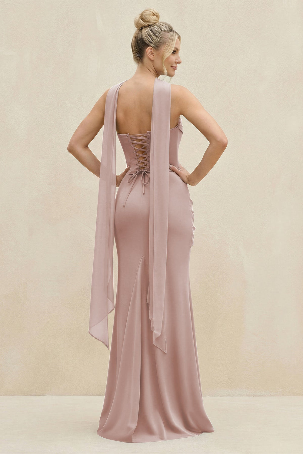 Cowl Neck Sheath Chiffon Bridesmaid Dress with Ribbon in Toffee - KISS BRIDAL Bridesmaid Dresses