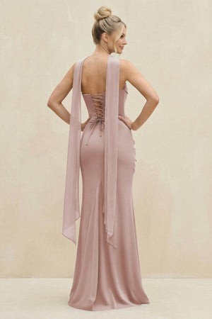 Cowl Neck Sheath Chiffon Bridesmaid Dress with Ribbon in Toffee - SHE IS ME Bridesmaid Dresses