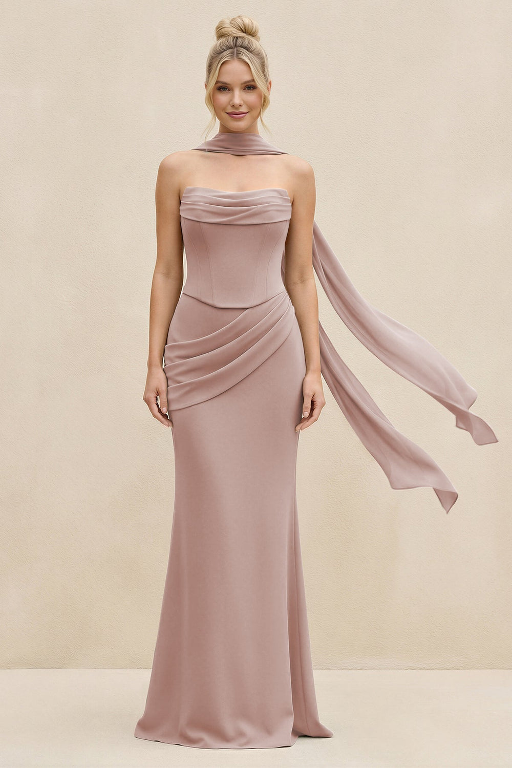 Cowl Neck Sheath Chiffon Bridesmaid Dress with Ribbon in Toffee - KISS BRIDAL Bridesmaid Dresses