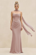Cowl Neck Sheath Chiffon Bridesmaid Dress with Ribbon in Toffee - SHE IS ME Bridesmaid Dresses