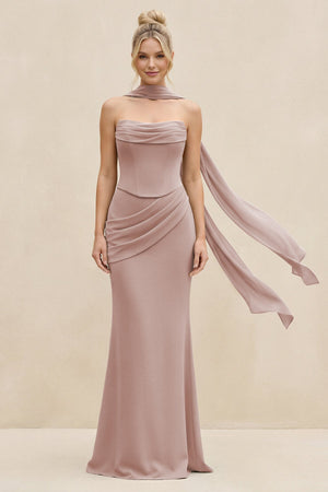 Cowl Neck Sheath Chiffon Bridesmaid Dress with Ribbon in Toffee - SHE IS ME Bridesmaid Dresses