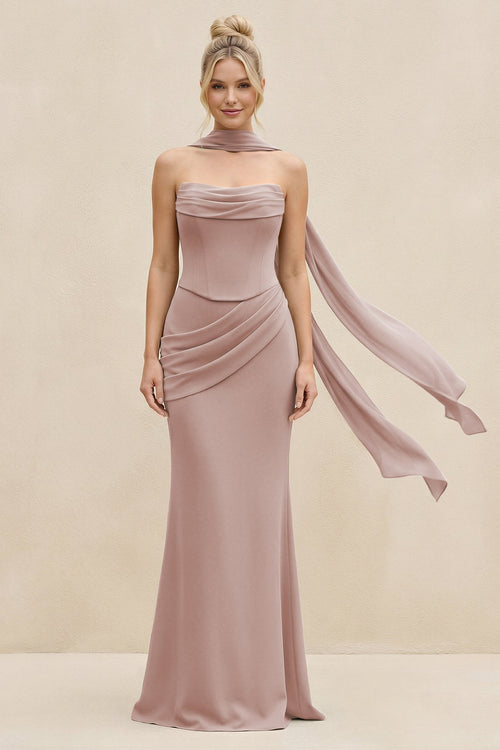 Cowl Neck Sheath Chiffon Bridesmaid Dress with Ribbon in Toffee - SHE IS ME Bridesmaid Dresses