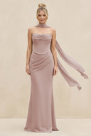Cowl Neck Sheath Chiffon Bridesmaid Dress with Ribbon in Toffee | KISSBRIDAL