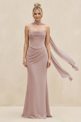 Cowl Neck Sheath Chiffon Bridesmaid Dress with Ribbon in Toffee | KISSBRIDAL