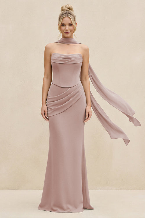 Cowl Neck Sheath Chiffon Bridesmaid Dress with Ribbon in Toffee | KISSBRIDAL