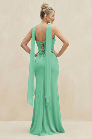 Cowl Neck Sheath Chiffon Bridesmaid Dress with Ribbon in Turquoise - SHE IS ME Bridesmaid Dresses