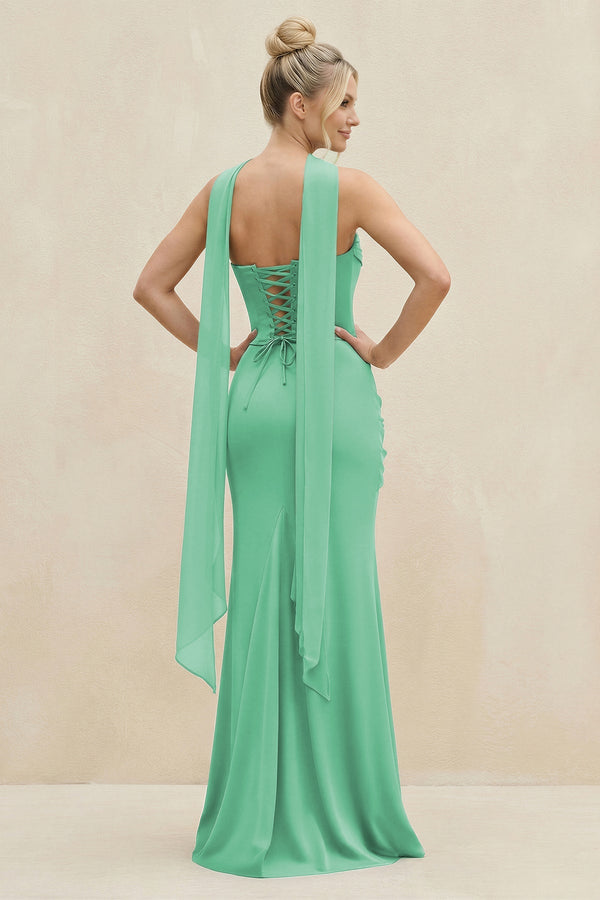 Cowl Neck Sheath Chiffon Bridesmaid Dress with Ribbon in Turquoise - SHE IS ME Bridesmaid Dresses