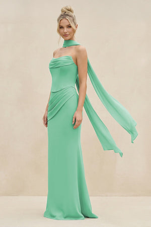 Cowl Neck Sheath Chiffon Bridesmaid Dress with Ribbon in Turquoise - SHE IS ME Bridesmaid Dresses
