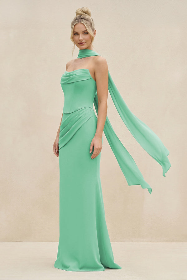 Cowl Neck Sheath Chiffon Bridesmaid Dress with Ribbon in Turquoise - SHE IS ME Bridesmaid Dresses