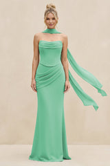 Cowl Neck Sheath Chiffon Bridesmaid Dress with Ribbon in Turquoise - KISS BRIDAL Bridesmaid Dresses