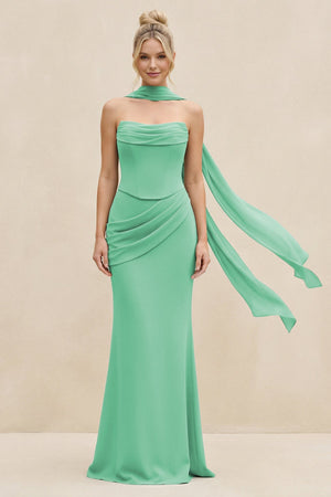 Cowl Neck Sheath Chiffon Bridesmaid Dress with Ribbon in Turquoise - SHE IS ME Bridesmaid Dresses