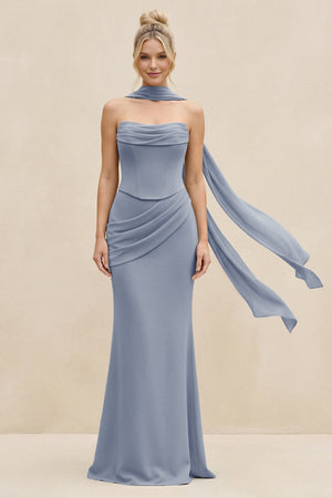 Cowl Neck Sheath Chiffon Bridesmaid Dress with Ribbon in Twilight - SHE IS ME Bridesmaid Dresses