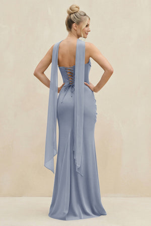 Cowl Neck Sheath Chiffon Bridesmaid Dress with Ribbon in Twilight - SHE IS ME Bridesmaid Dresses
