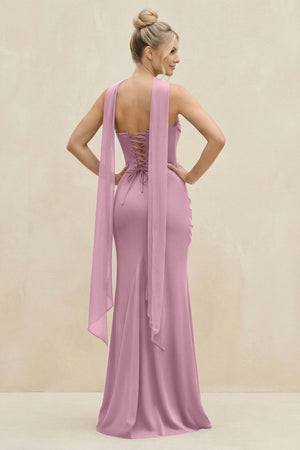 Cowl Neck Sheath Chiffon Bridesmaid Dress with Ribbon in Vintage Mauve - SHE IS ME Bridesmaid Dresses