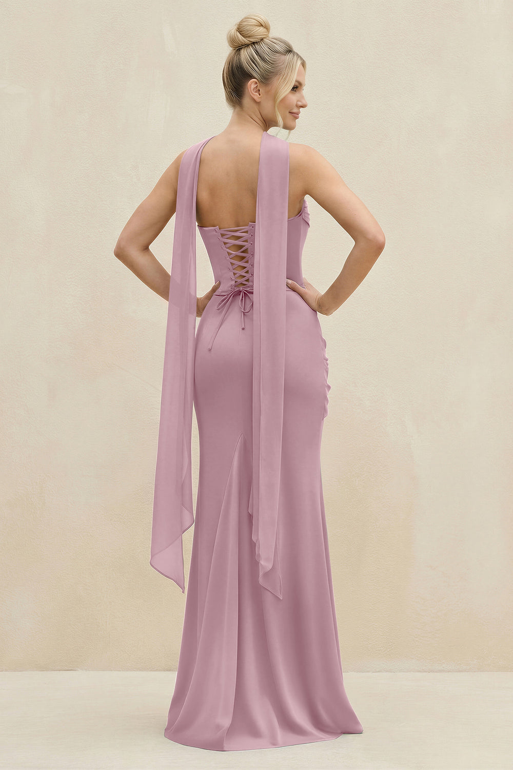 Cowl Neck Sheath Chiffon Bridesmaid Dress with Ribbon in Vintage Mauve