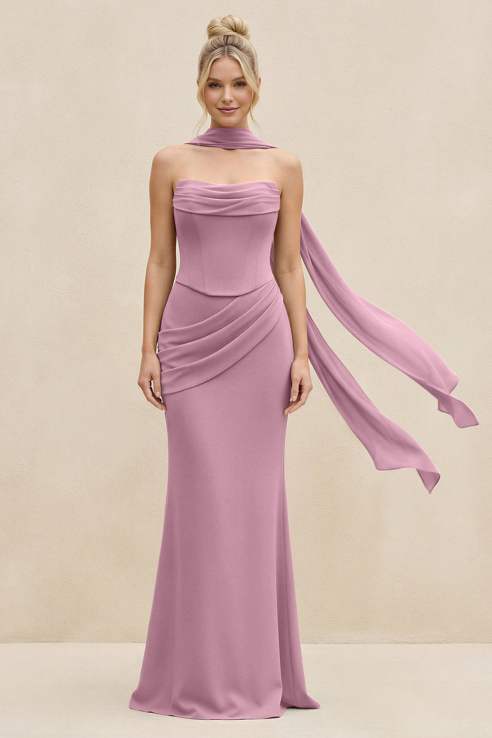 Cowl Neck Sheath Chiffon Bridesmaid Dress with Ribbon in Vintage Mauve - KISS BRIDAL Bridesmaid Dresses
