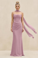 Cowl Neck Sheath Chiffon Bridesmaid Dress with Ribbon in Vintage Mauve | KISSBRIDAL