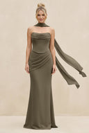 Cowl Neck Sheath Chiffon Bridesmaid Dress with Ribbon in Willow Green - SHE IS ME Bridesmaid Dresses